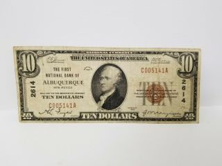 1929 National Bank Of Albuquerque National Currency Brown Seal $10 Ten Dollars