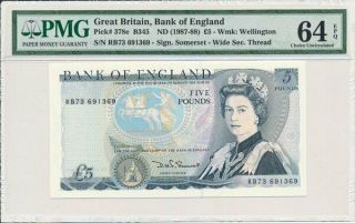 Bank Of England Great Britain 5 Pounds Nd (1987 - 88) S/no 69xx69 Pmg 64epq