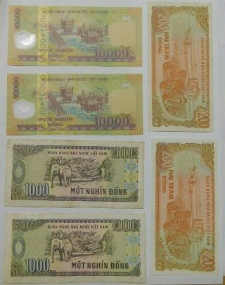 Vietnam Dong 2@ 10,  000 & 2@ 1,  000 Vietnamese Dong Plus 2@ 200 Foreign Money