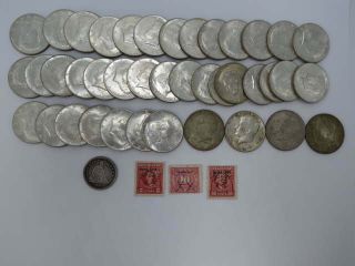 40 Us Silver 1964 John Kennedy Half Dollars 1860 Liberty Seated Quarter & Stamps