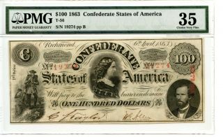1863 $100 Confederate Currency T - 56 Pmg Graded Choice Very Fine 35