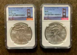 2013 (s) & 2014 (s) Ngc Ms69 American Silver Eagle Coins -