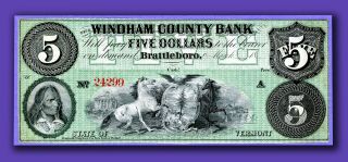 1800 ' s $5 The Windham County Bank Vermont,  Brattleboro VERY RARE UNC NOTE 2