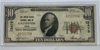 1929 National Currency United States Bank Of Glaveston Texas 10 Dollar Note
