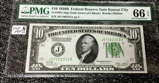 1928b $10 Federal Reserve Note Kansas City,  Fr 2002,  Pmg Gem Unc.  66epq Top Pop
