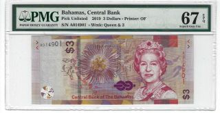 P - Unl 2019 3 Dollars,  Bahamas Central Bank,  Pmg 67epq Gem