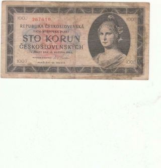 Czechoslovakia Czechoslovakian Banknote 100 Korun 1945