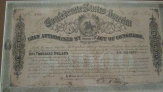 1864 $1,  000 Confederate War Bond,  Framed & Matted,  No 662,  One Coupon Missing