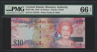 2010 Cayman Islands $10 Dollars,  P - 40a D/1 Prefix,  Pmg 66 Epq Gem Unc,  Qeii