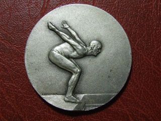 Art Deco Swimming Silver Plated Medal By Georges Contaux