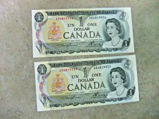2 Consecutive 1973 Bank Of Canada 1 Dollar Notes - Unc -