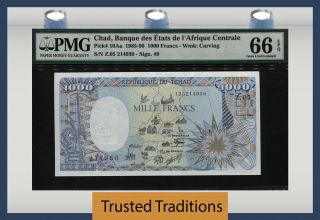 Tt Pk 10aa 1985 - 90 Chad Banque Des Etats 1000 Francs " Elephant " Pmg 66 Epq Gem