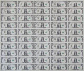 Currency Uncut Sheet 50 X $1 Bill Dollar Gem Federal Reserve Notes