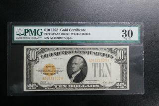 Fr 2400 1928 $10 Gold Certificate Pmg 30 Very Fine Bright