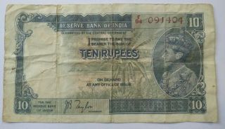 10 Rupees Vg - Fine Banknote From British India 1937 Pick - 19 Rare Note