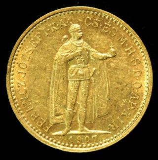 1907 Kb 10 Korona Hungary 3.  3875 G Gold Coin 0.  098oz Agw Km 485 Franz Joseph I
