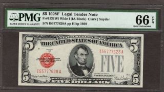 1928 F $5.  00 Legal Tender Note,  Pmg 66 Epq,