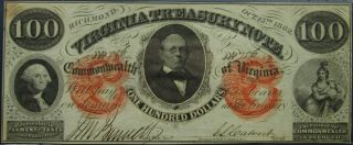 1862 Confederate Virginia $100 Dollar Treasury Note - Au,