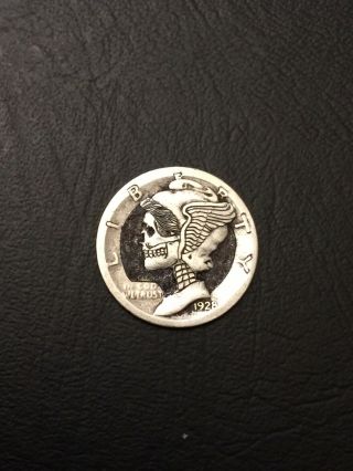 Hobo Nickel Love Token Hand Carved Engraved Ohns Silver Mercury Dime Skull