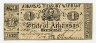 1862 Cr.  30 $1 Arkansas Treasury Warrant - Civil War Era