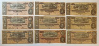 9 Notes - 1864 - The Confederate States Of America - Ten Dollars - $10 - Lower Quality