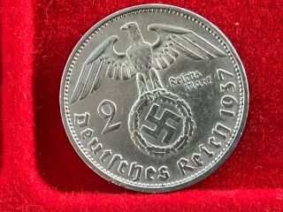 2 Reichsmark 1937 F With Nazi Coin Swastika Silver Brilliant
