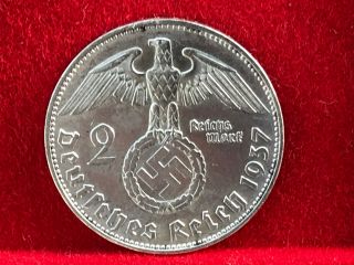 2 Reichsmark 1937 E With Nazi Coin Swastika Silver Brilliant