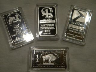 4 Different Silver 1 Oz.  999 Fine Silver Bar -