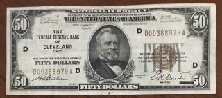 1929 $50 National Bank Note The Federal Reserve Bank Of Cleveland Ohio
