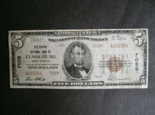 Series 1929 $5.  00 The Empire National Bank Of Clarksburg Wv Vg - F