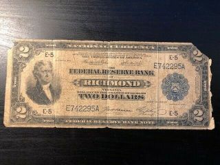 1918 $2 Two Dollar Federal Reserve Bank Note Richmond Battleship Ungraded