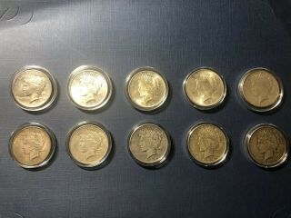 Complete 10 Coins Peace Silver Dollars Date Set From 1921 - 1935