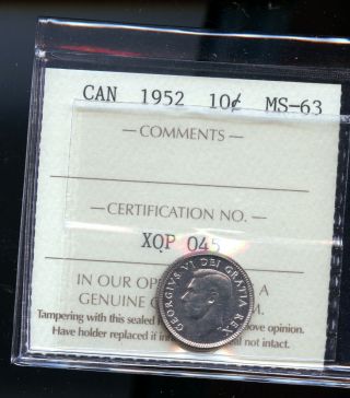 1952 Canada Silver 10 Cents Iccs Certified Ms63 Dcd51