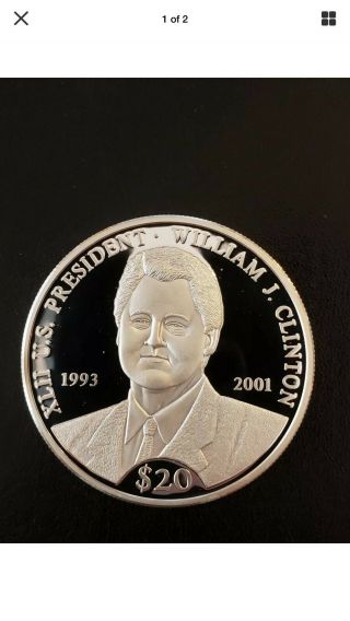 2000 Liberia $20 Proof Silver Bill Clinton Coin Silver Round 42nd President.  999