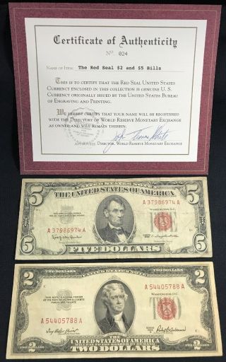 Red Seal 1953 2 & 1963 5 Dollar Bills Set W/ 2
