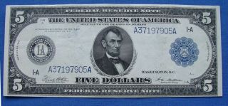 Looking Series Of 1914 $5.  00 Federal Reserve Note - Estate Fresh