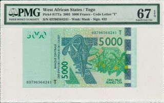 Banque Centrale Togo 5000 Francs 2003 Pmg 67epq