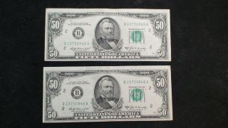 Two Consecutive 1969 A Fifty Dollar Federal Reserve Notes York $50 Bills