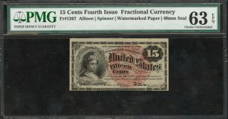 Fr.  1267,  15 Cents Fourth Issue Fractional Currency – Pmg Ch.  Unc.  63 Epq