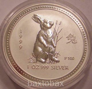 1999 Australian Lunar Year Of The Rabbit 1 Oz Silver Coin Bu Series 1
