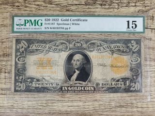 Series 1922 $20 Gold Certificate Fr1187 Pmg 15 Very Fine Large Size Currency