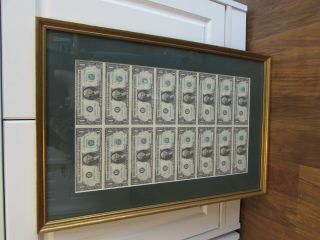 Framed And Matted $1 16 Uncut Sheet Of Money 1985 Uncirculated Gold Green Wglass