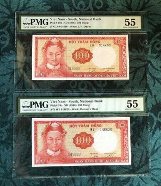 Set Of 2 Notes 1966 South Vietnam P - 19a,  19b 100 Dong Pmg 55