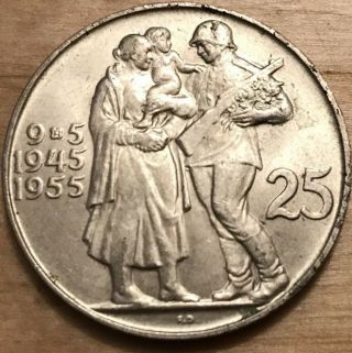 1955 Czechoslovakia Silver Coin 25 Korun 10th Liberation From Germany