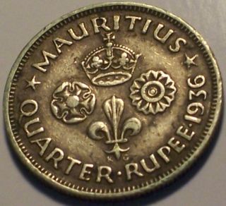 British Mauritius,  1936 George V Quarter Rupee,  1/4 Rupee.  400,  000 Mintage.
