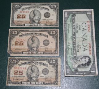 Three 1923 Dominion Of Canada Shinplaster 25¢ Dc 24a Dc 24c (2) & Devil 