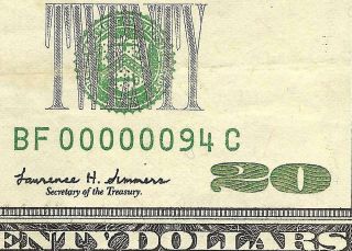 1999 $20 Dollar Bill Low 2 Digit Serial Number 94 Federal Reserve Note Money Vf