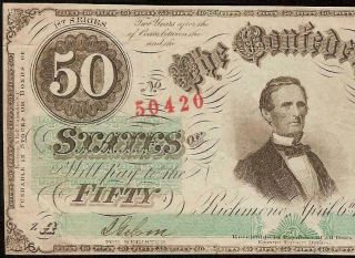 1863 $50 Dollar Bill Confederate States Currency Civil War Note Paper Money T - 57