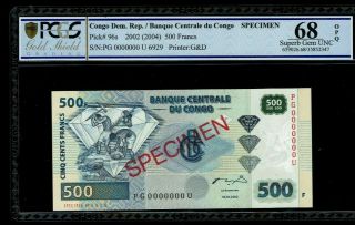 Congo Democratic Republic,  500 Francs 2002 Specimen,  P96s,  Opq Unc 68