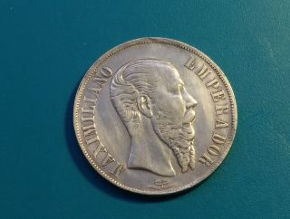1866 - Mo Mexico Maximilian One Peso Silver Coin.  Xf Detail
